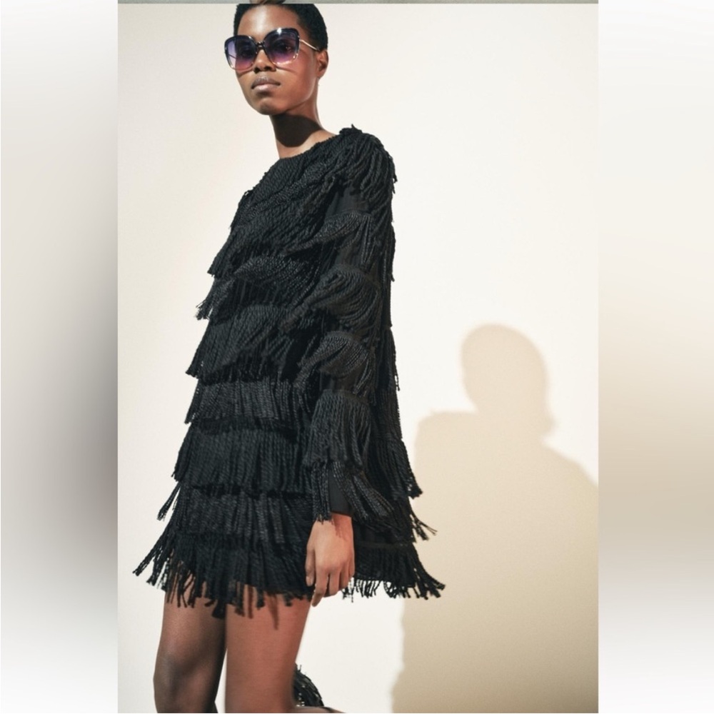 Zara Black Long Sleeve Fringe Dress